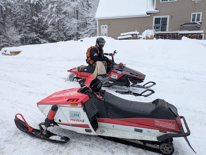 Vintage Yamaha Phazers loaded up in fresh snow