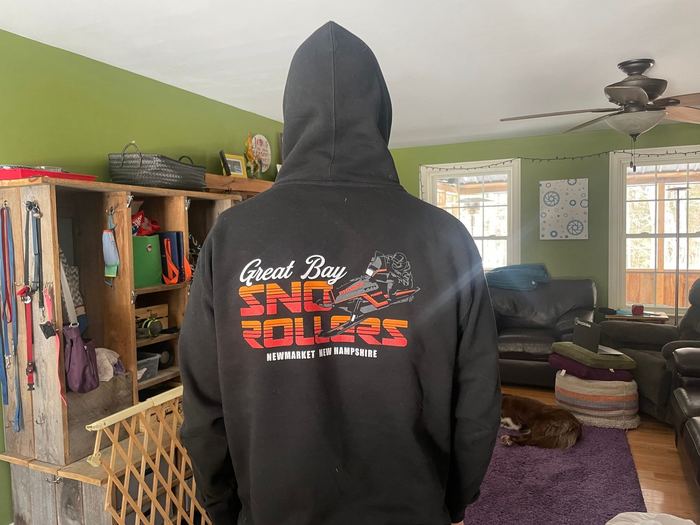 Back of the club hoodie with the Great Bay Sno-Rollers sled graphic